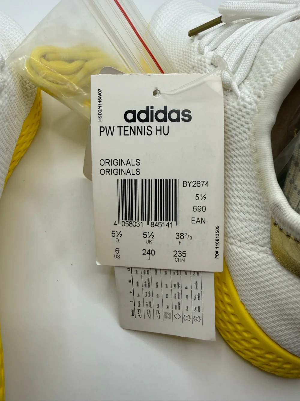 Pharrell x Adidas Tennis Hu white/yellow - size 6 (No box)